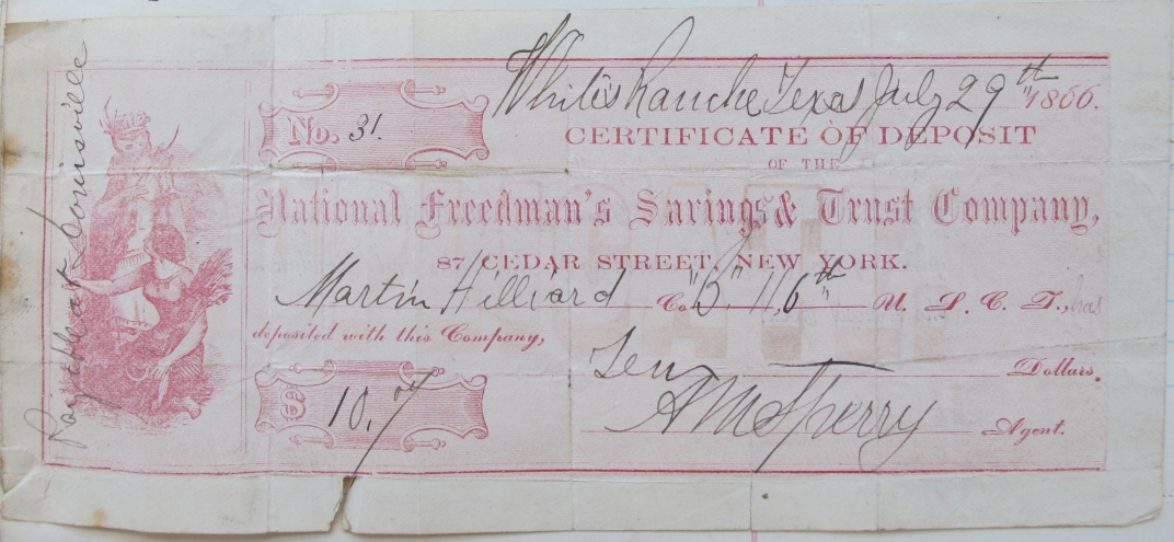 certificate of a $10 deposit in the Freedman's Bank by a black soldier
